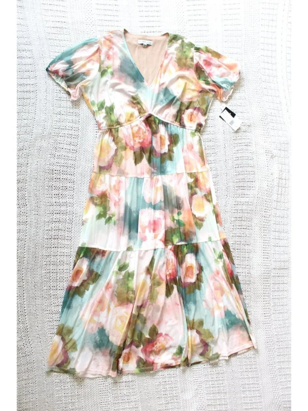 NWT Robbie Bee Watercolor Floral Maxi Dress Tiered Size L Short Sleeves Romantic